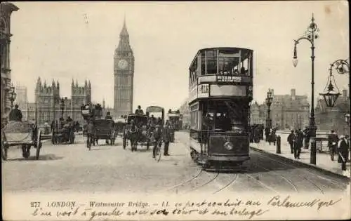 Ak London City, Westminster Bridge, Big Ben, Straßenbahn nach Waterloo Bridge, Kutschen