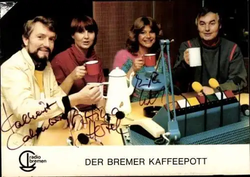 Ak Moderatoren Karl-Heinz Calenberg, Kristina Hertel, Monika Kluth, Gerd M., Portrait, Autogramm