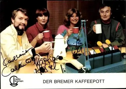 Ak Moderatoren Karl-Heinz Calenberg, Kristina Hertel, Monika Kluth, Gerd M., Portrait, Autogramm