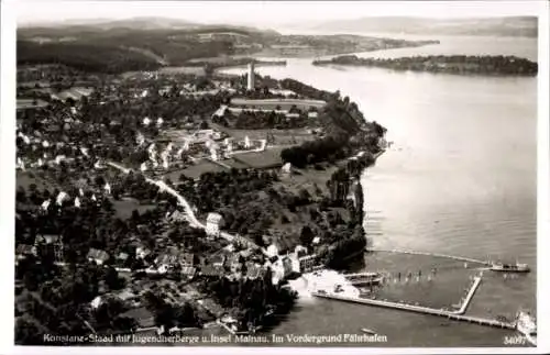 Ak Konstanz am Bodensee, Fliegeraufnahme der Stadt, Jugendherberge, Insel Mainau, Fährhafen