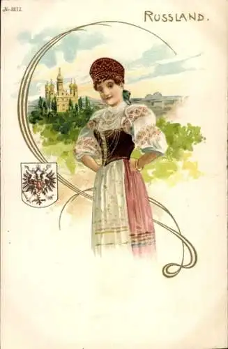 Wappen Litho Russland, Frau in Volkstracht