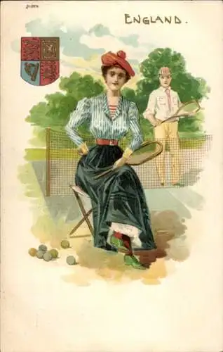 Wappen Litho England, Paar auf dem Tennisplatz