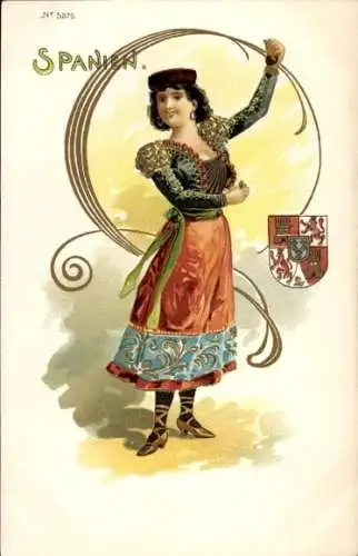 Wappen Litho Spanien, Junge Frau in spanischer Tracht, Kastagnetten