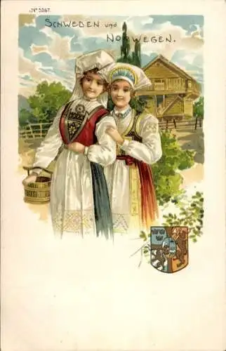 Wappen Litho Schweden und Norwegen, Frauen in Volkstrachten