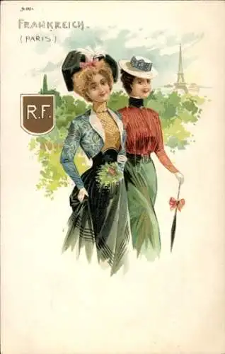 Litho Paris Frankreich, Zwei elegante Damen, Eiffelturm