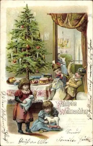 Litho Glückwunsch Weihnachten, Kinder mit Geschenken, Tannenbaum