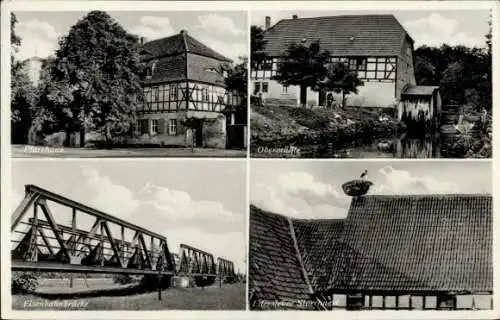 Ak Edersleben an der Helme, Pfarrhaus, Eisenbahnbrücke, Obermühle, Storchnest