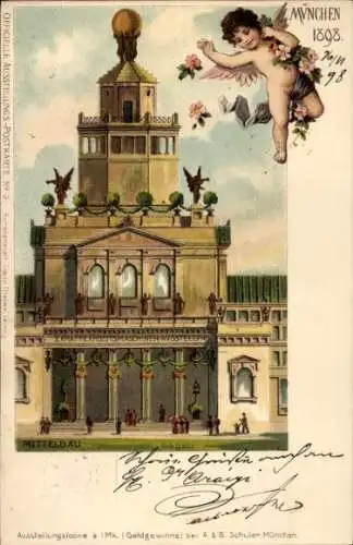 Litho München Bayern, Mittelbau, Ausstellung 1898, Engel