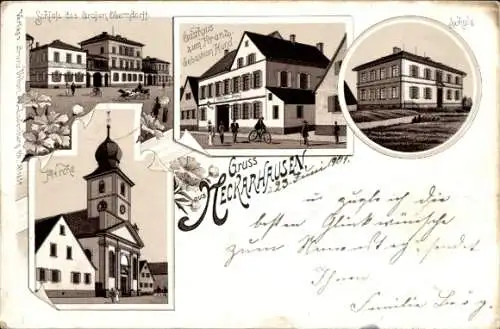 Litho Neckarhausen Nürtingen am Neckar Württemberg, Schule, Kirche, Gasthaus zum Kranz