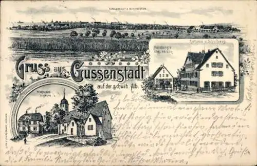 Litho Gussenstadt Gerstetten in Württemberg, Rathaus, Schulhaus, Kirche, Pfarrhaus