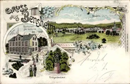 Litho Bensheim an der Bergstraße Hessen, Kriegerdenkmal, Restaurant zur Germania