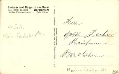 Ak Markt Berolzheim in Mittelfranken, Kirche, Schule, Kriegerdenkmal, Gasthaus zur Krone
