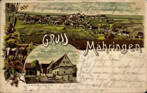 Litho Mähringen Ulm an der Donau, Gesamtansicht, Gasthaus