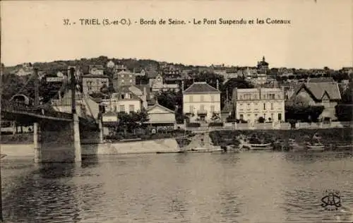 Ak Triel sur Seine Yvelines, Bords de Seine, Pont Suspendu, Coteaux