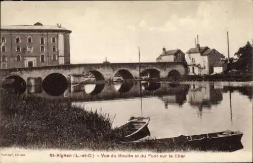 Ak Saint Aignan sur Cher Loir et Cher, Blick auf die Mühle und die Brücke über den Cher