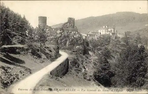 Ak Rochetaillée Loire, Gesamtansicht der Ruinen und der Kirche