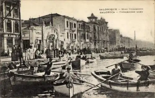 Ak Salonique Griechenland, Quai Constantin, Hafenpartie mit Booten