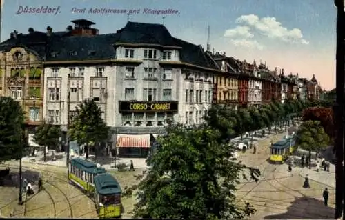 Ak Düsseldorf am Rhein, Graf Adolf Straße, Königsallee, Straßenbahnen, Corso Cabaret