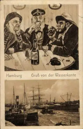 Ak Hamburg Mitte Altstadt, Wasserkante, Schiffe, Männer, Rum, Gaststätte