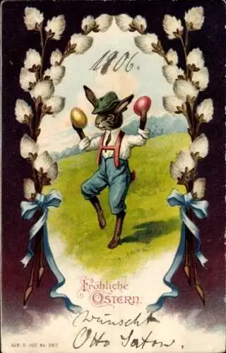 Litho Glückwunsch Ostern, Vermenschlichter Hase, Weidenkätzchen