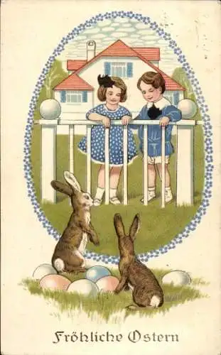 Ak Glückwunsch Ostern, Kinder beobachten Hasen, Ostereier