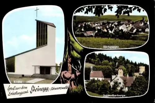 Ak Steinegg Neuhausen im Enzkreis Schwarzwald, Kirche, Dorfansicht, Jugendherberge