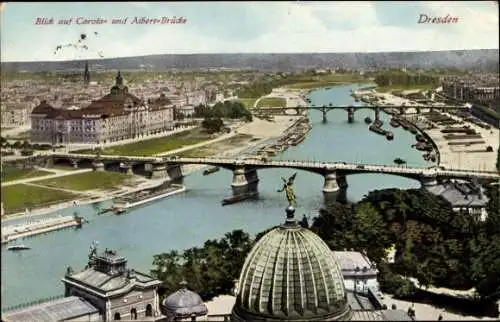 Ak Dresden Altstadt, Panorama zur Neustadt, Carolabrücke, Albert-Brücke