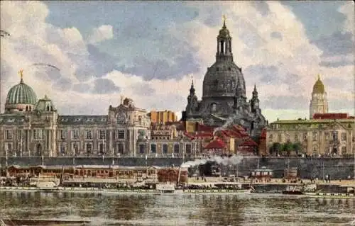 Ak Dresden Altstadt, Brühlsche Terrasse und Frauenkirche, Elbe, Dampfer