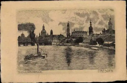 Künstler Ak Dresden Altstadt, Blick von der Marienbrücke, Dampfer, Frauenkirche