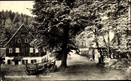 Ak Chursdorf Penig in Sachsen, Waldgasthaus Höllmühle, Auffahrt, Fuhrwerk