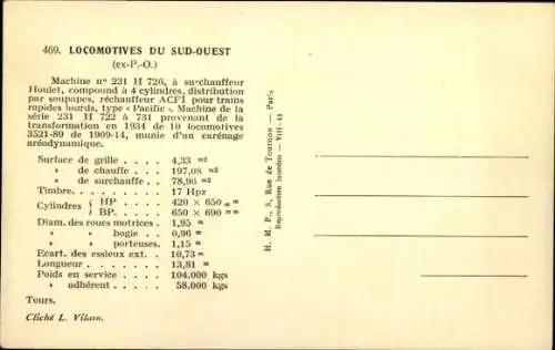 Ak Französische Eisenbahn, Sud Ouest, Machine No. 231 H 726