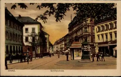 Ak Mainz in Rheinland Pfalz, Blick in die Schillerstraße, Passanten, Buchhandlung, Kutsche