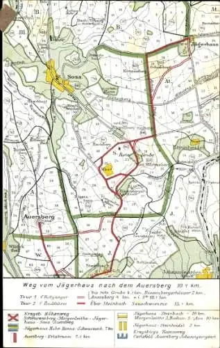 Ak Wildenthal Eibenstock im Erzgebirge, Weg vom Jägerhaus nach dem Auersberg, Landkarte