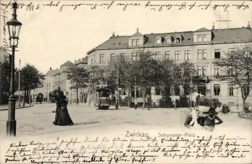 Ak Zwickau in Sachsen, Hotel Deutscher Kaiser, Schumann Platz, Straßenbahn