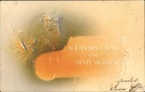 Präge Jugendstil Litho Glückwunsch, Frau-Porträt