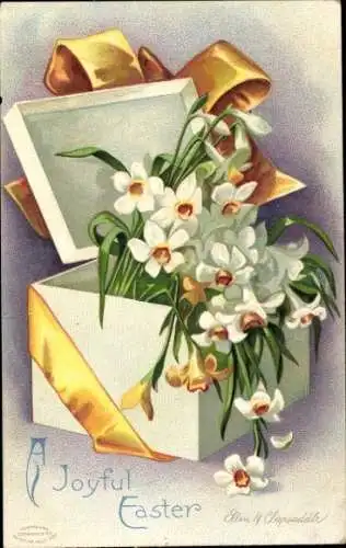 Präge Ak Glückwunsch Ostern, Blumen, Truhe, Schleife