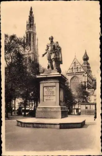 Ak Antwerpen Antwerpen Flandern, Grüner Platz, Kathedrale, Rubensstatue