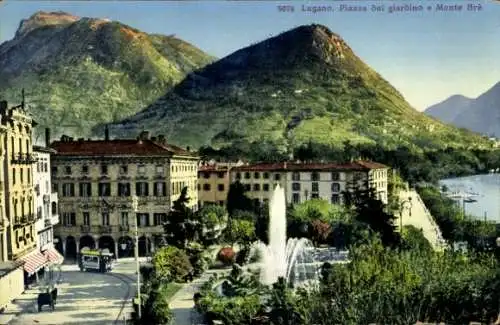 Ak Lugano Kanton Tessin, Piazza del giardino e Monte Bre, Springbrunnen