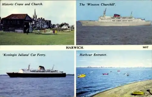 Ak Harwich Essex England, Historischer Kran, Kirche, Fähre Winston Churchill, Hafen