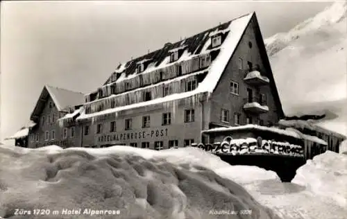 Ak Zürs Lech in Vorarlberg, Hotel Alpenrose Post im WInter