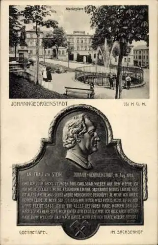 Ak Johanngeorgenstadt im Erzgebirge, Marktplatz, Goethetafel im Sachsenhof