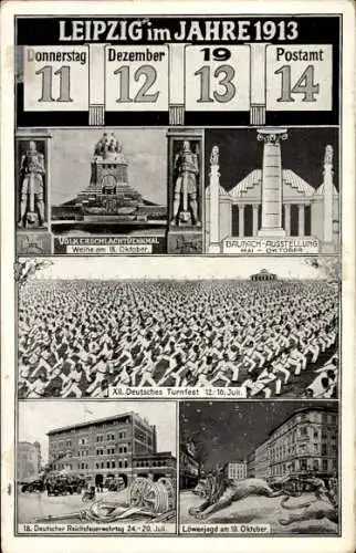 Ak Leipzig, 11.12.1913, Postamt 14, Völkerschlachtdenkmal, 12. Dt. Turnfest, Baufachausstellung