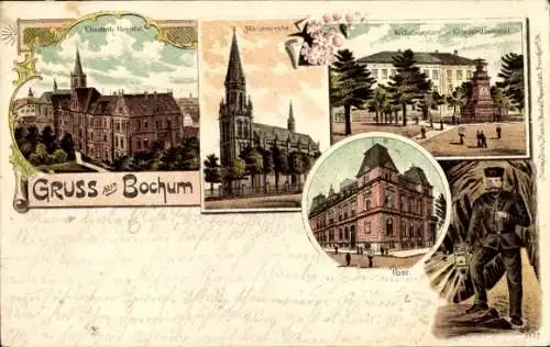 Litho Bochum im Ruhrgebiet, Elisabethhospital, Marienkirche, Post, Bergmann