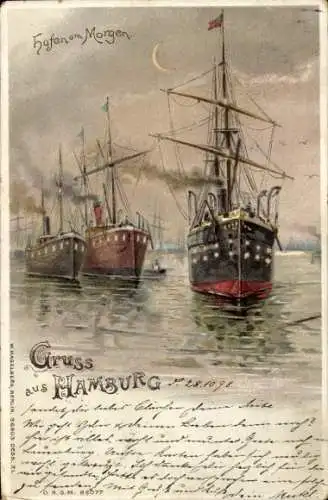 Halt gegen das Licht Litho Hamburg, Hafen am Morgen, Schiffe