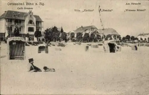 Ak Seebad Binz auf Rügen, Strand, Café Gramm, Villa Undine, Ruscha, Weisses Rössel