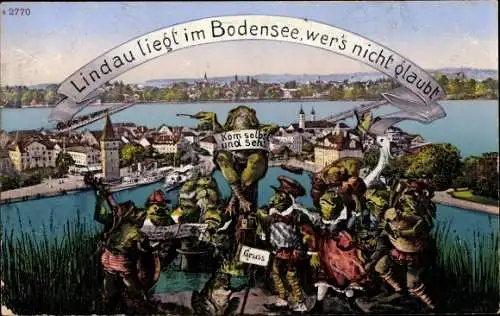 Ak Lindau im Bodensee, Stadtansicht, Hafen, vermenschlichte Frösche