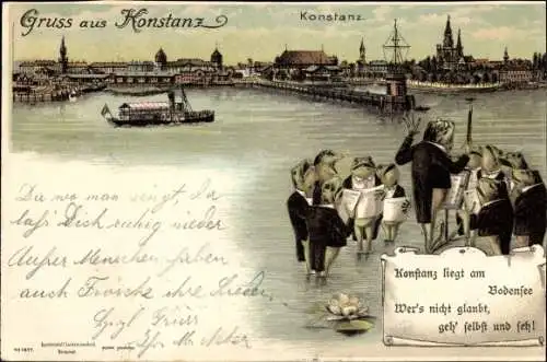 Litho Konstanz am Bodensee, Blick über den Hafen, Singende Frösche