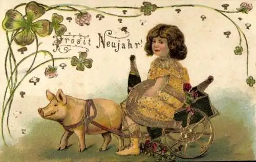 Präge Litho Fröhliches Neujahr, Schwein zieht Wagen, Mädchen, Sektflasche, Kleeblätter