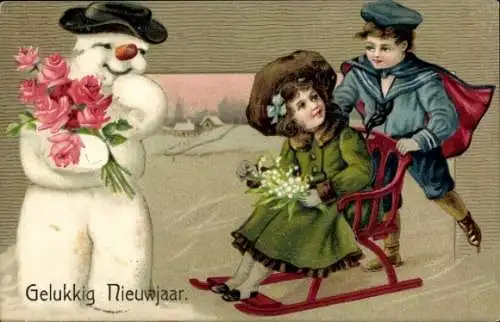 Präge Litho Glückwunsch Neujahr, Schneemann, Junge auf Schlittschuhen, Schlitten