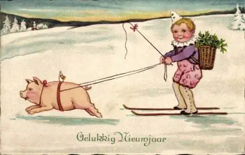 Ak Glückwunsch Neujahr, Schweine, Kind fährt Ski